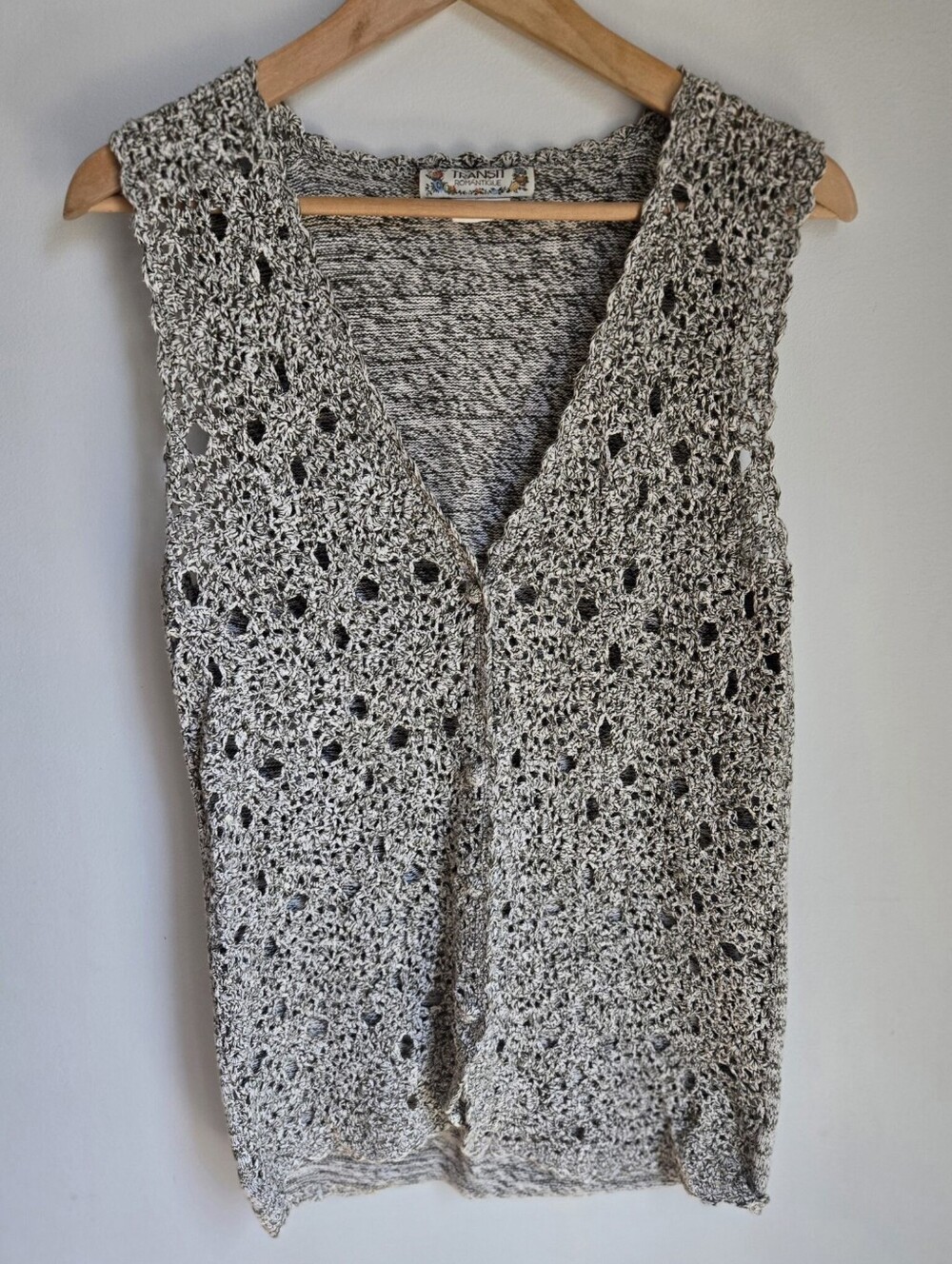 Vintage TRANSIT ROMANTIQUE Crochet/knit Openwork V-Neck 100% Cotton Sweater Vest